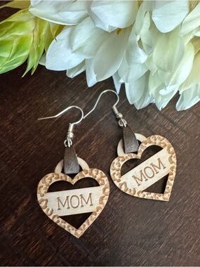 Wooden 'MOM' Heart Dangle Earrings - Leopard and Leather Accents